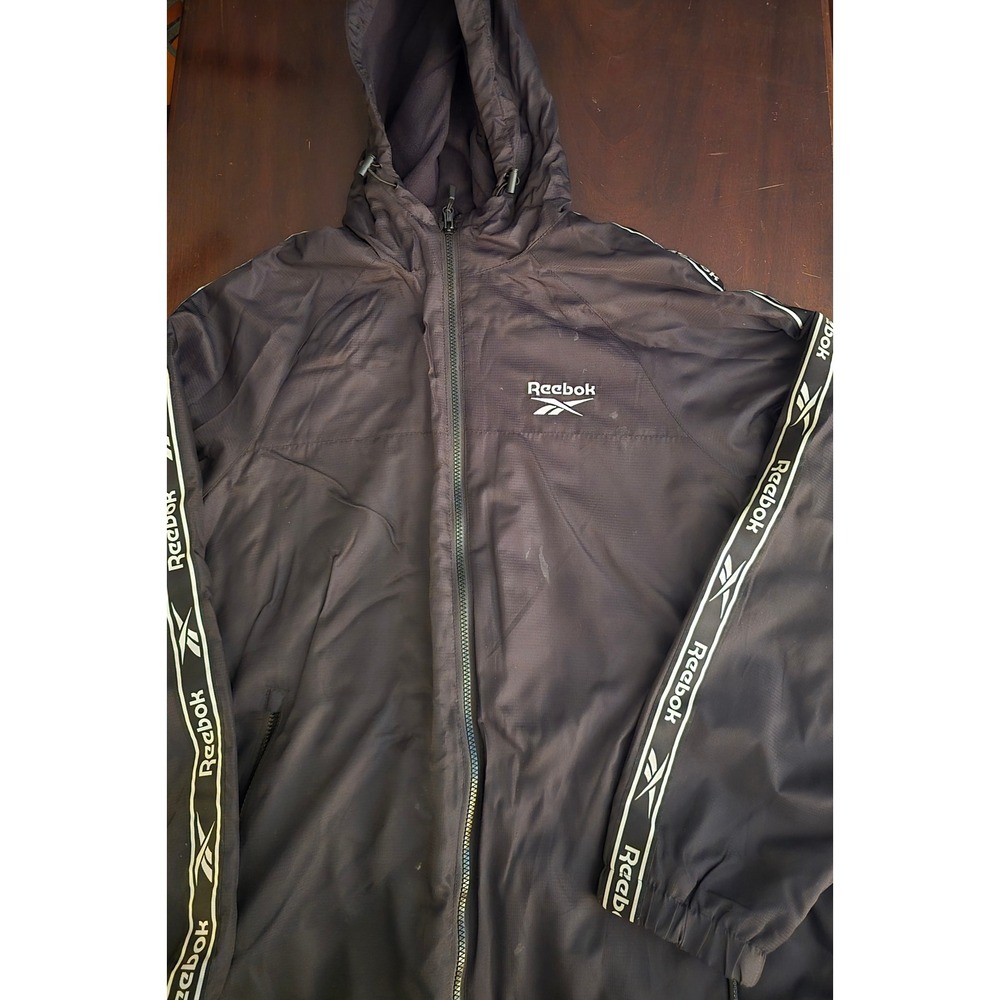 Reebok Mens Black Fleece Lined Hooded Windbreaker Jacket Logo Tape Size L